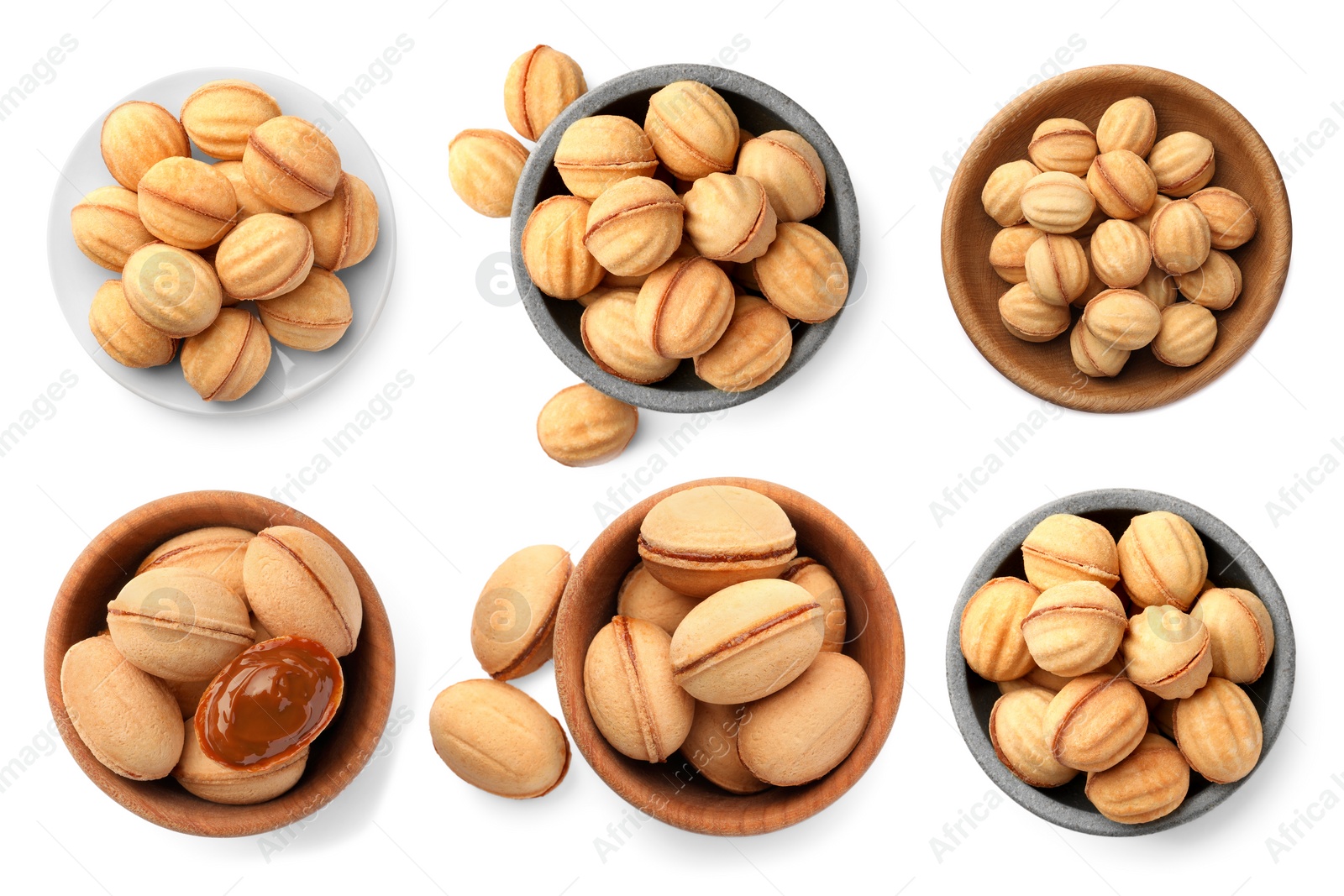 Image of Delicious nut shaped cookies with caramelized condensed milk isolated on white, top view. Collage design