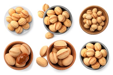 Image of Delicious nut shaped cookies with caramelized condensed milk isolated on white, top view. Collage design