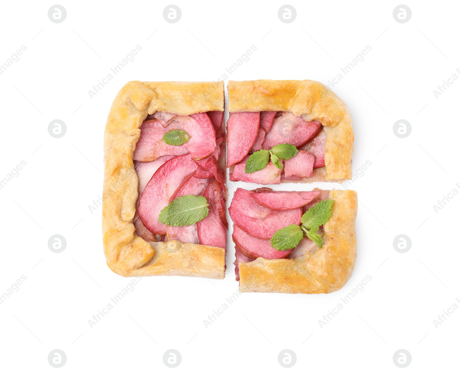 Photo of Delicious apple galette with mint isolated on white, top view