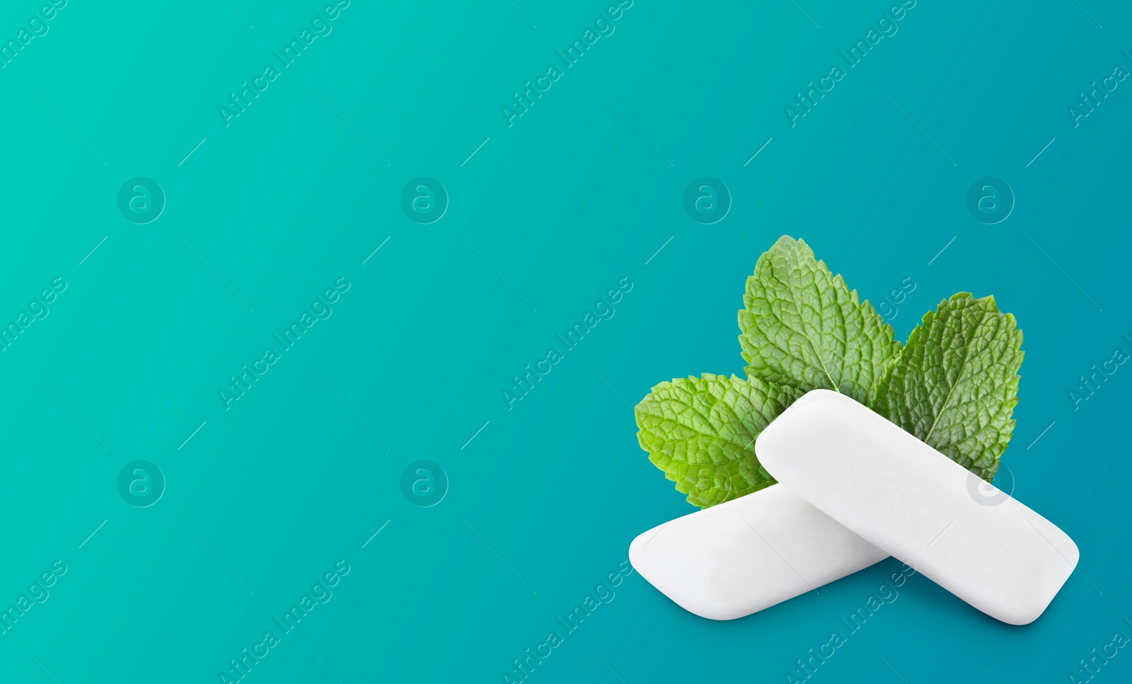 Image of Menthol chewing gum pillows and mint leaves on blue gradient background, space for text