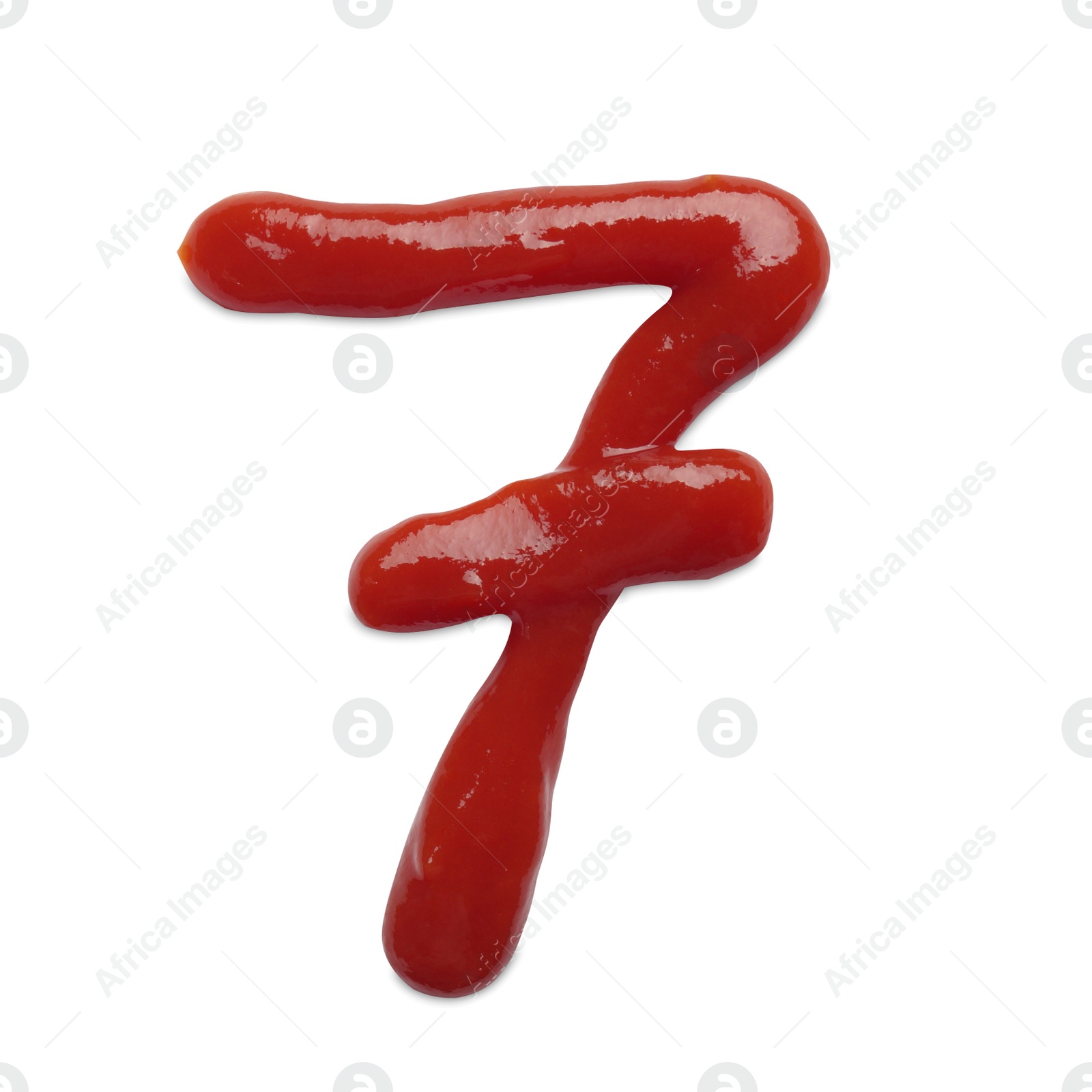 Photo of Number seven made with ketchup on white background, top view