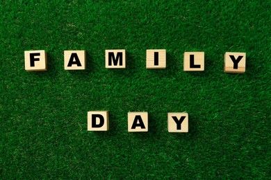 Photo of Wooden cubes with words Family Day on green grass, flat lay
