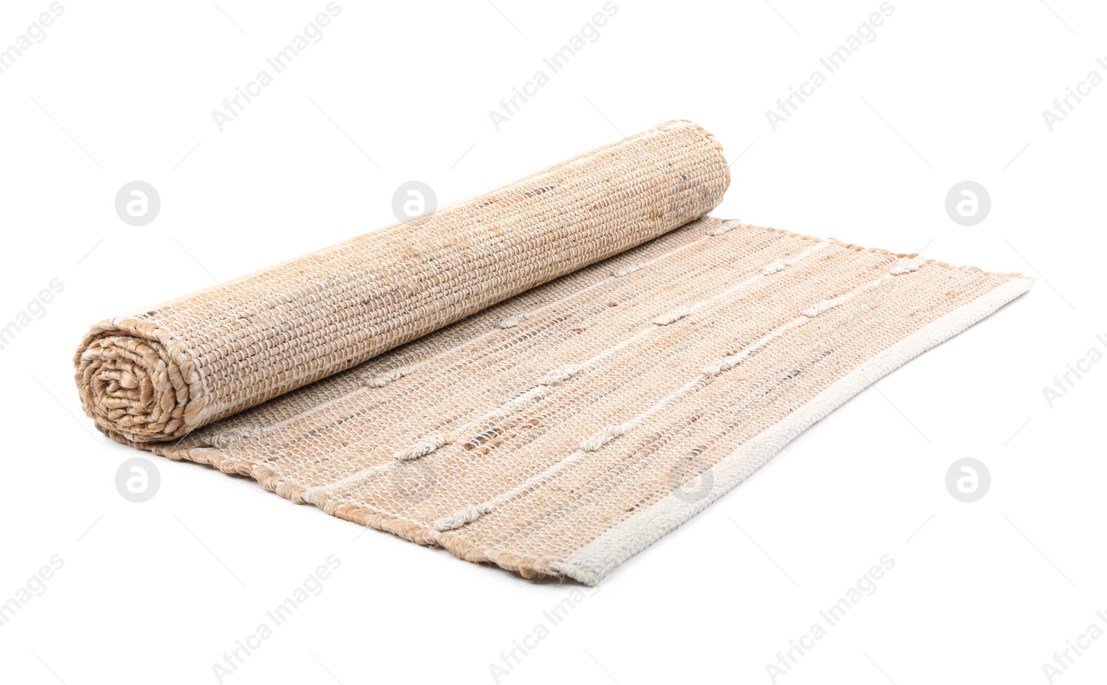 Photo of Stylish beige rug isolated on white. Interior accessory