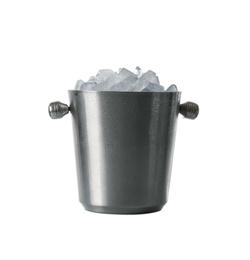 Photo of Ice cubes in bucket isolated on white