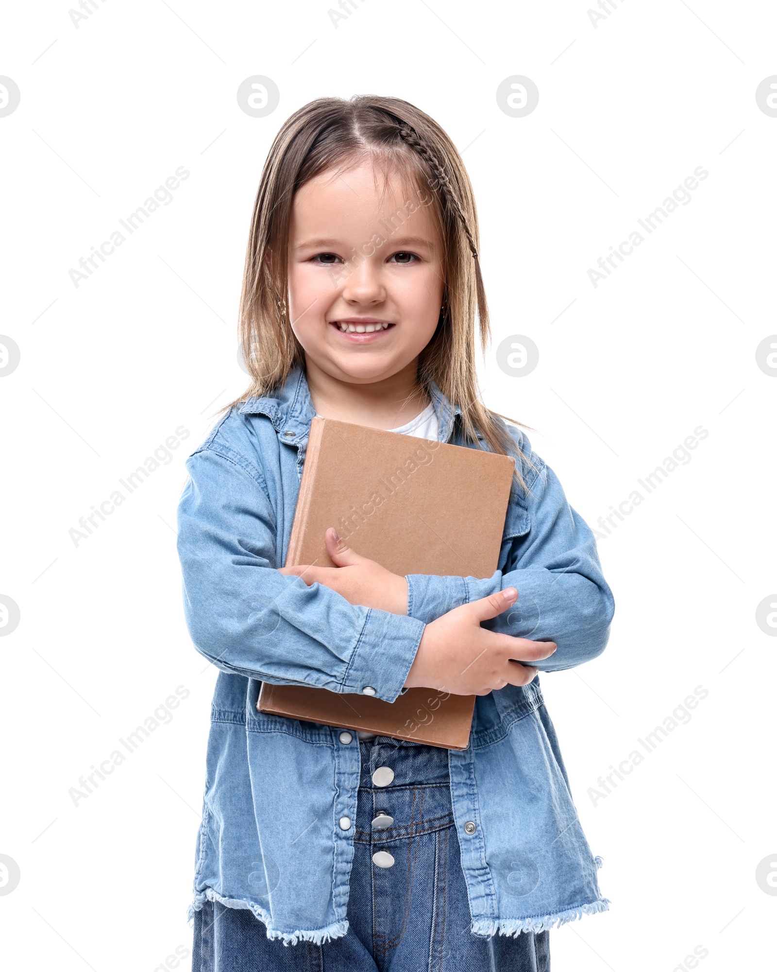 Photo of Cute little girl with book on white background