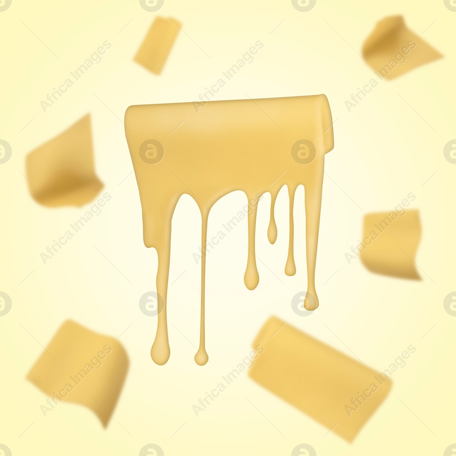 Image of Slices of cheese falling on yellow background
