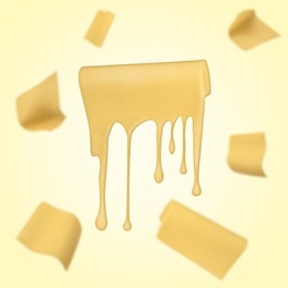 Slices of cheese falling on yellow background