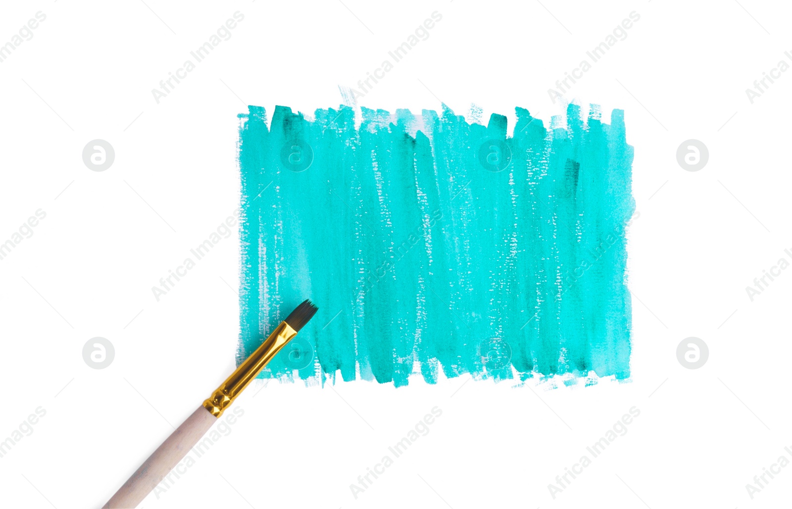 Photo of Turquoise paint strokes and brush on white background, top view