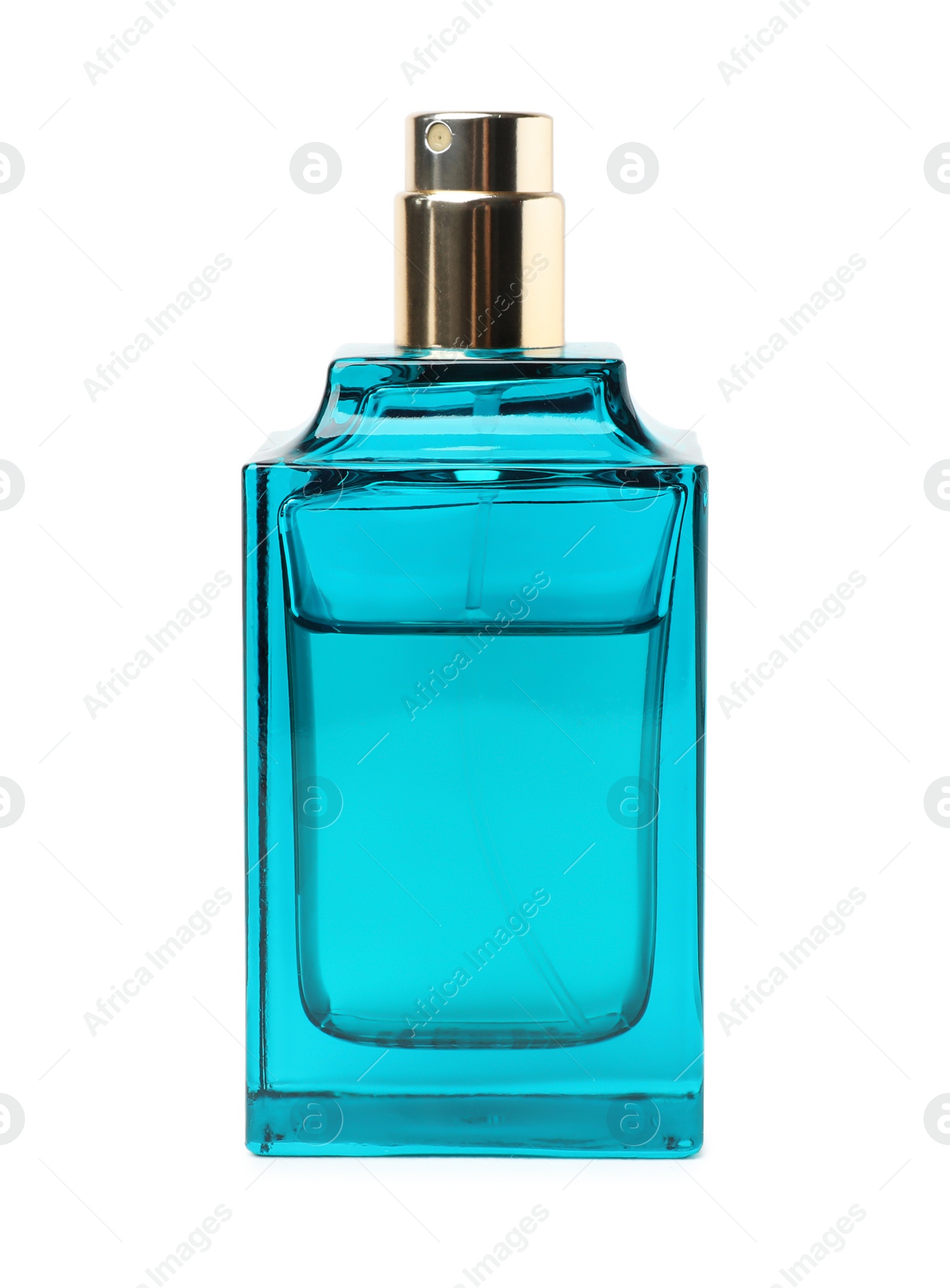 Photo of Transparent bottle of perfume on white background