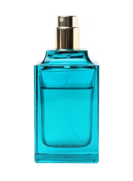 Photo of Transparent bottle of perfume on white background