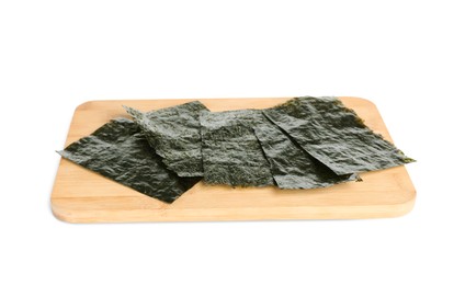 Wooden board with dry nori sheets on white background