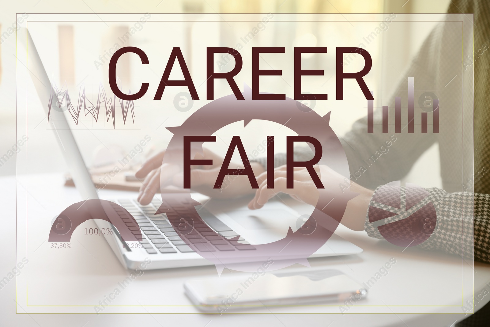 Image of Career fair. Woman working with laptop at table, closeup