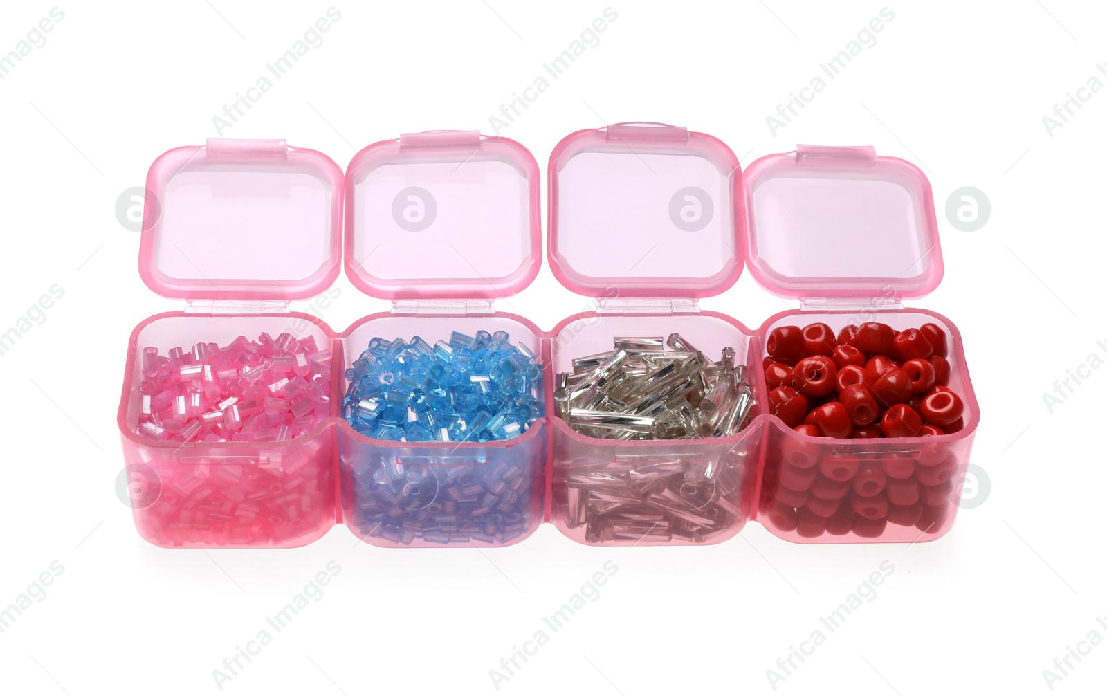 Photo of Plastic organizer with different beads isolated on white