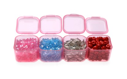 Photo of Plastic organizer with different beads isolated on white