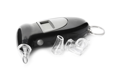 Modern breathalyzer and mouthpieces on white background