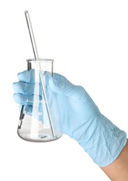 Photo of Scientist with flask and pipette on white background, closeup
