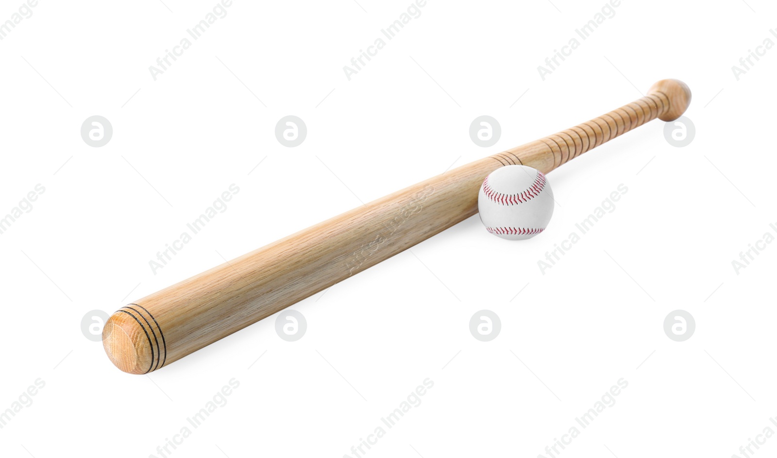 Photo of Wooden baseball bat and ball on white background. Sports equipment