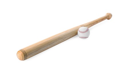 Photo of Wooden baseball bat and ball on white background. Sports equipment