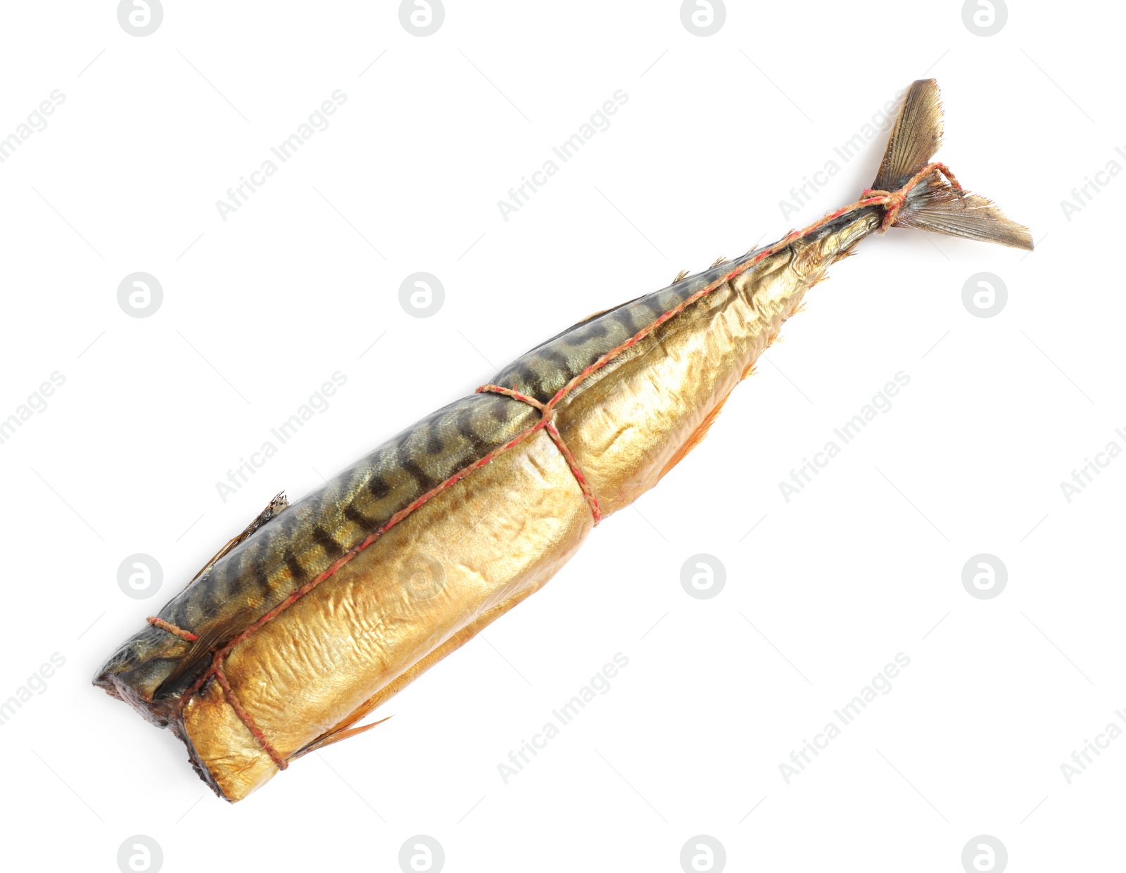 Photo of Tasty smoked fish isolated on white, top view