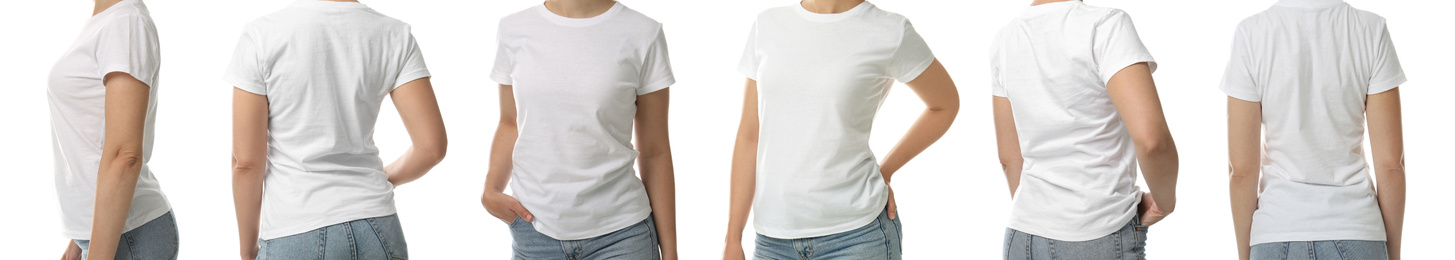 Image of Collage with photos of woman in t-shirt on white background, closeup. Banner design 