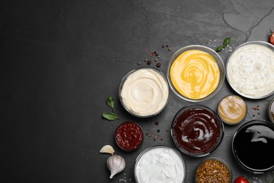 Photo of Many different sauces on black table, flat lay. Space for text