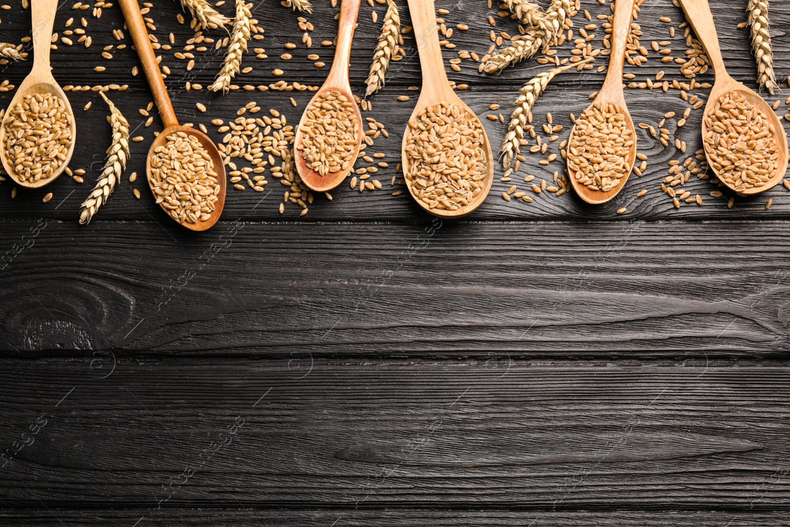 Photo of Spoons, wheat grains and spikelets on black wooden table, flat lay. Space for text