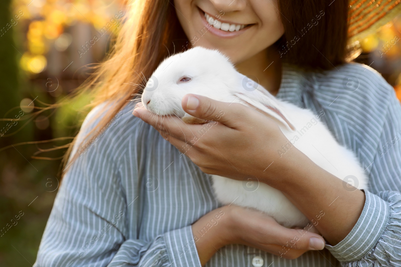 Photo of Happy woman holding cute rabbit outdoors on sunny day, closeup