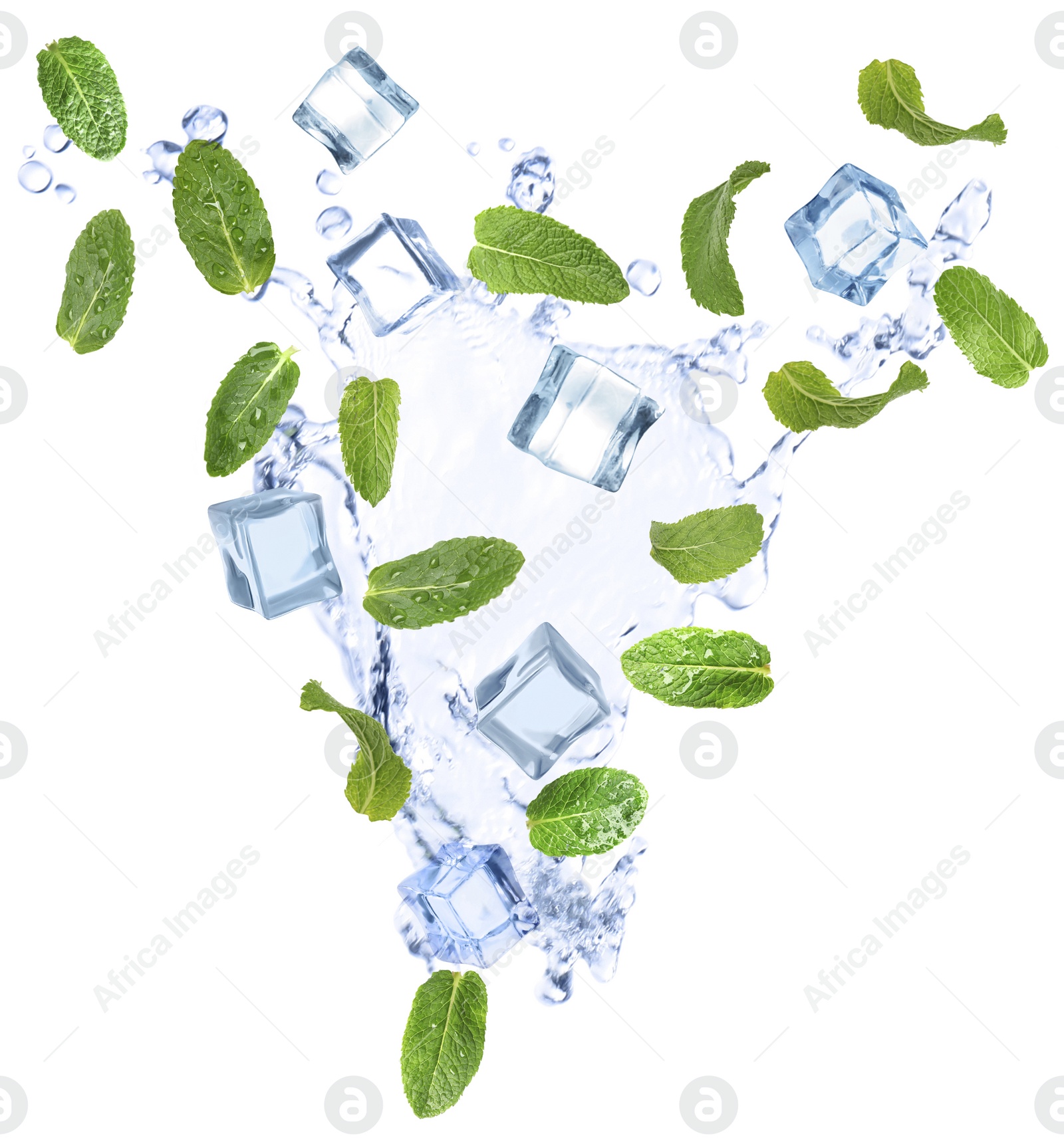 Image of Falling green mint leaves, crystal ice cubes and splash of water on white background