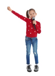 Cute funny girl with microphone on white background