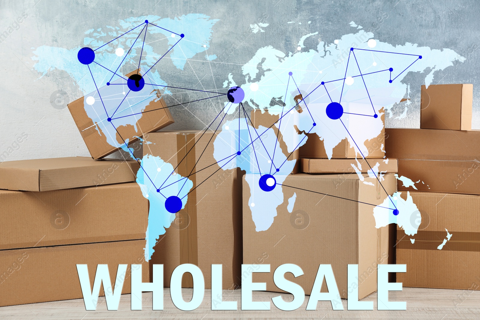 Image of Wholesale business. World map and blurred parcel boxes on background