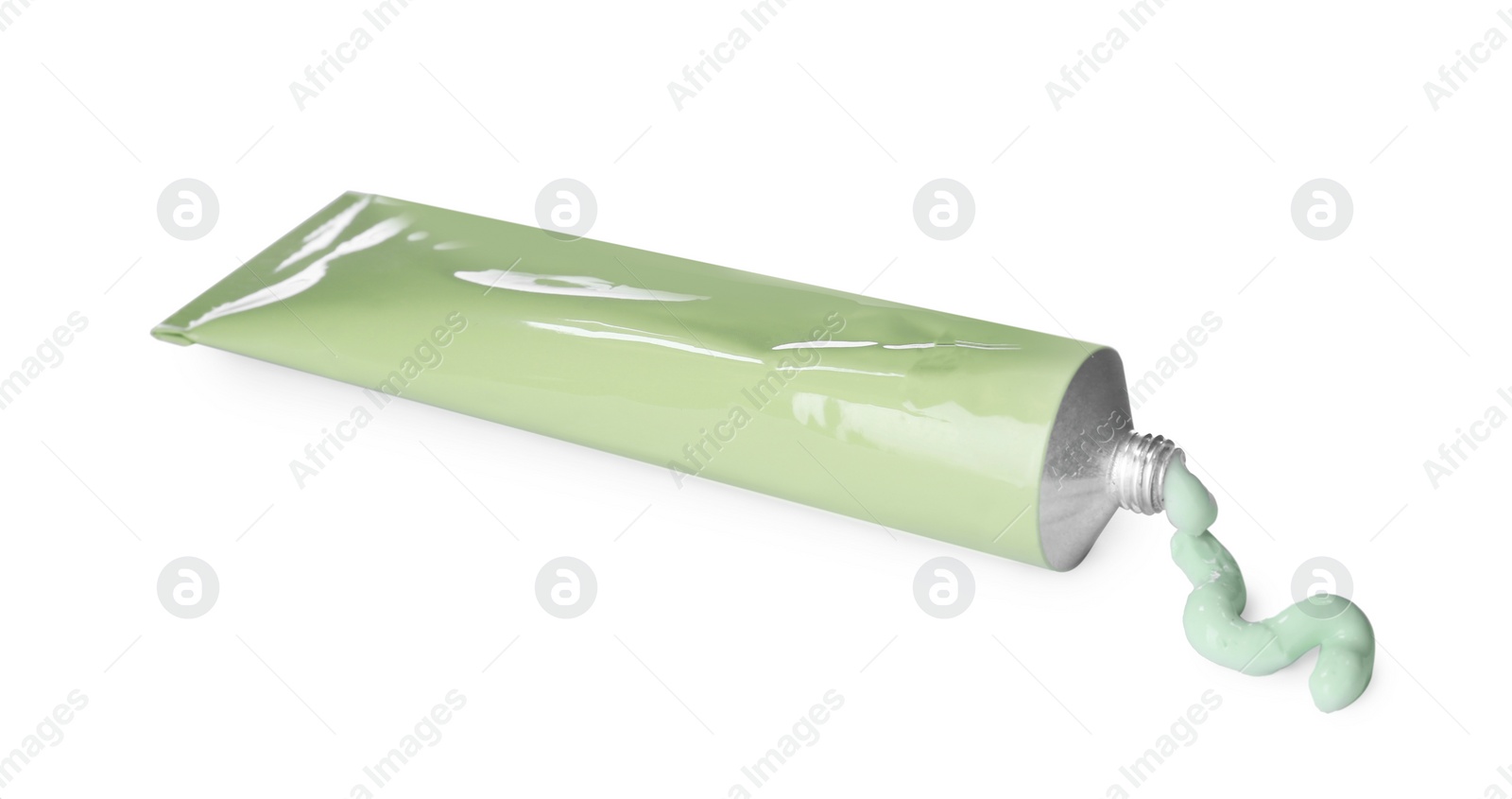 Photo of Tube with squeezed hand cream on white background