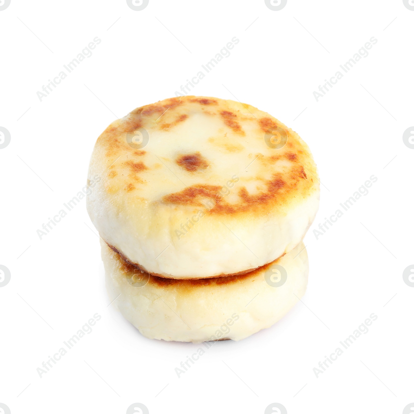 Photo of Delicious cottage cheese pancakes isolated on white