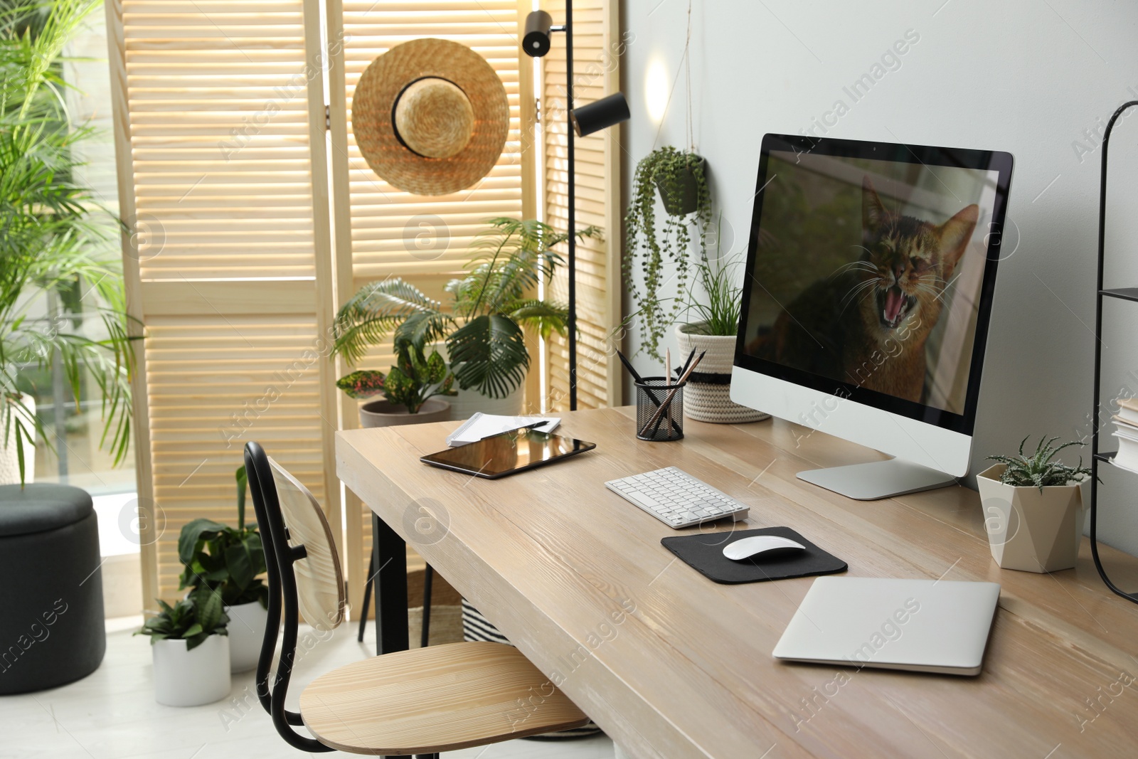 Photo of Comfortable workplace with computer in light room. Interior design