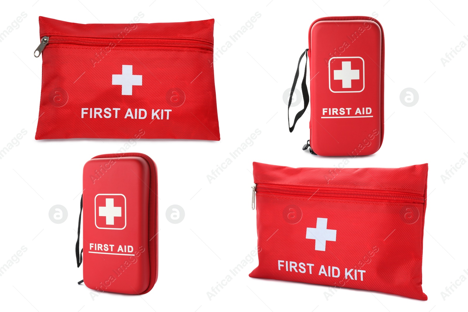 Image of Collage with first aid kits on white background