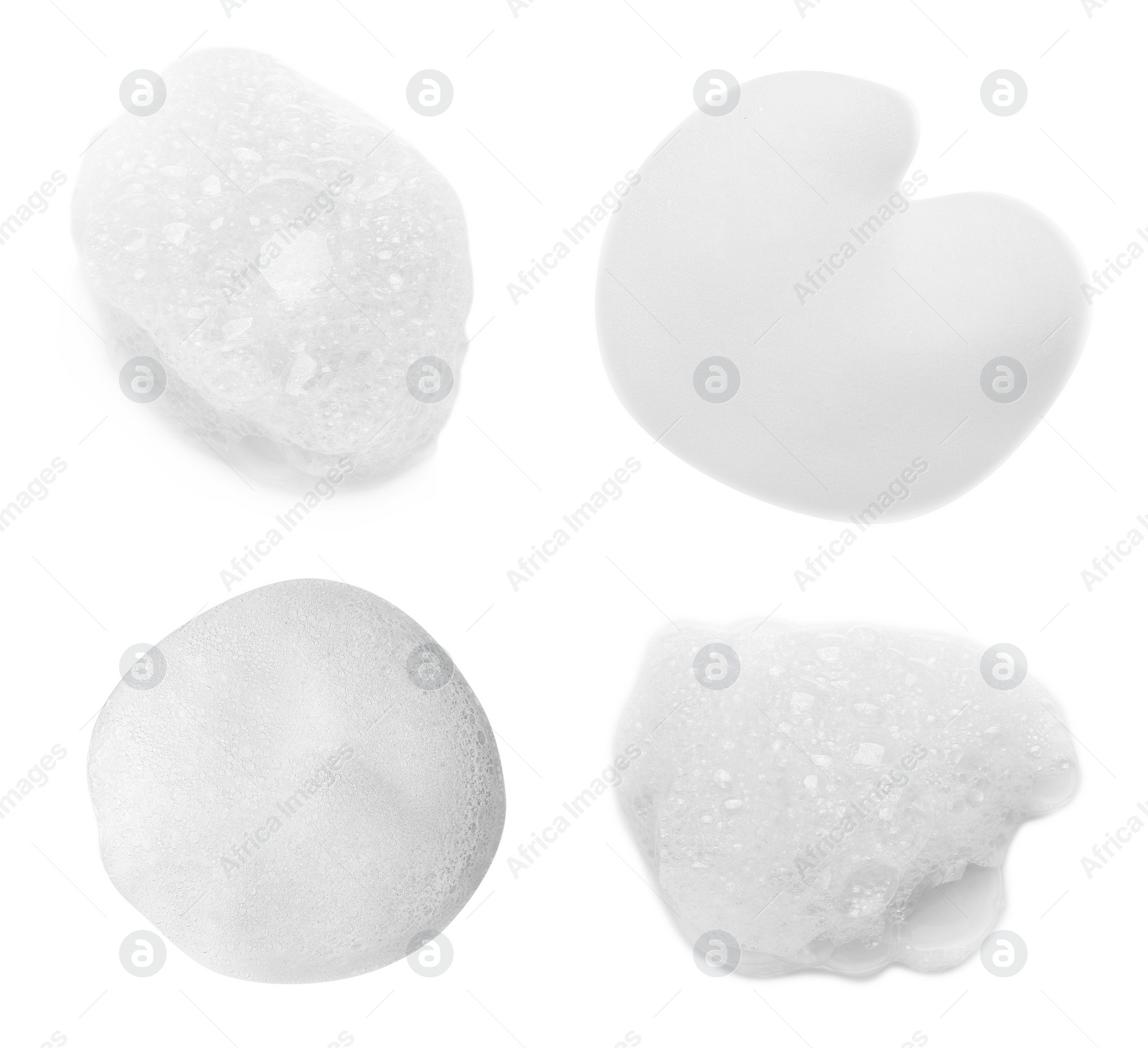 Image of Collage with foam of cosmetic cleanser isolated on white, top view