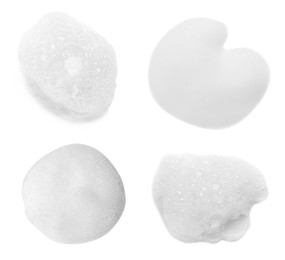 Image of Collage with foam of cosmetic cleanser isolated on white, top view