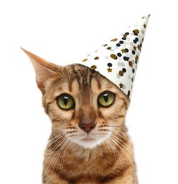 Image of Cute cat with party hat on white background