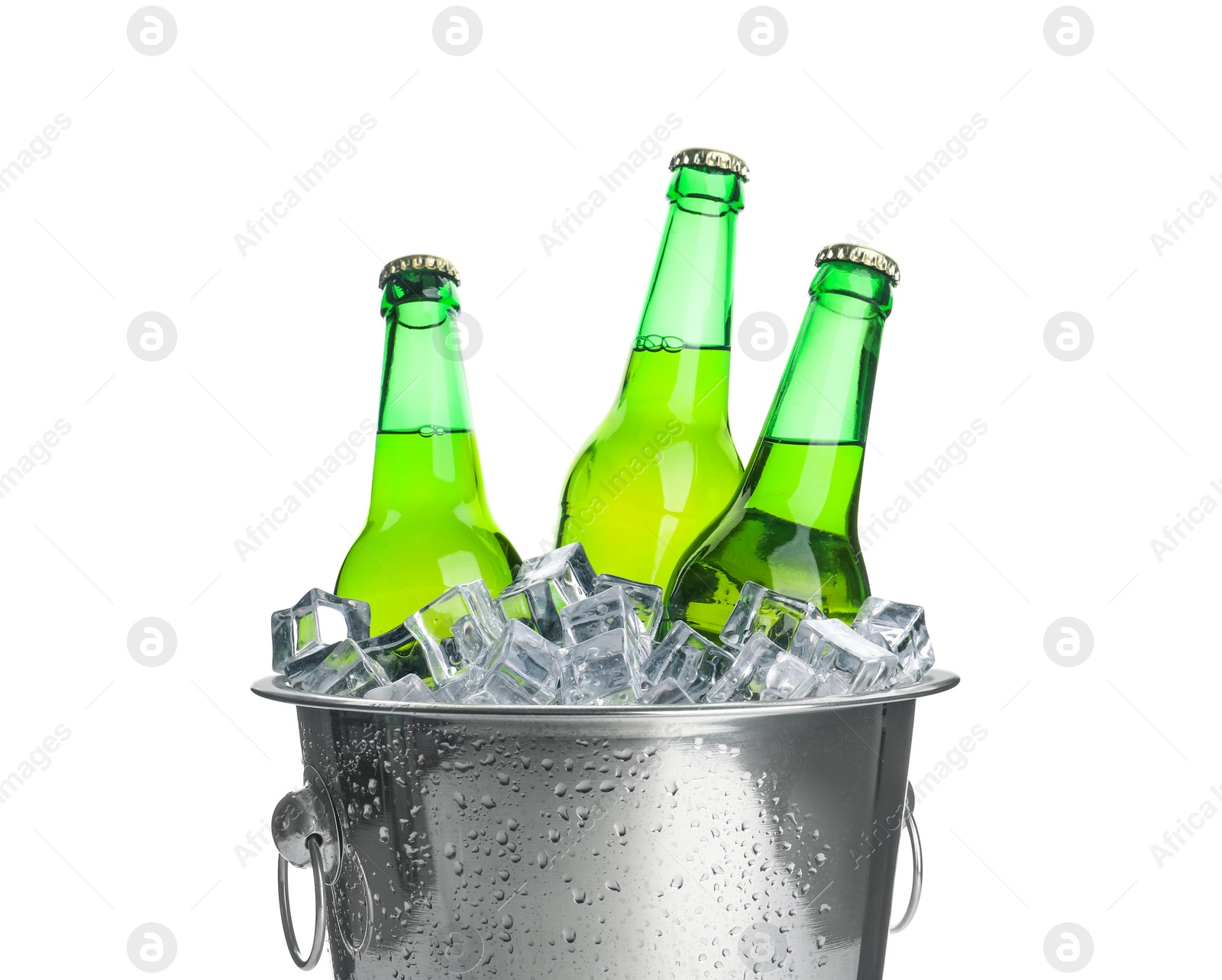 Photo of Metal bucket with bottles of beer and ice cubes isolated on white