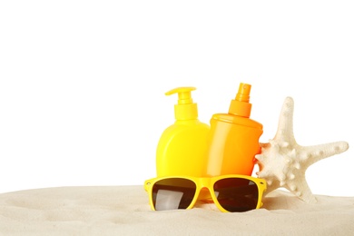 Photo of Composition with sun protection products on white background. Body care