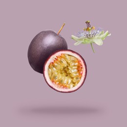 Image of Passion fruits and passiflora flower falling on pink background