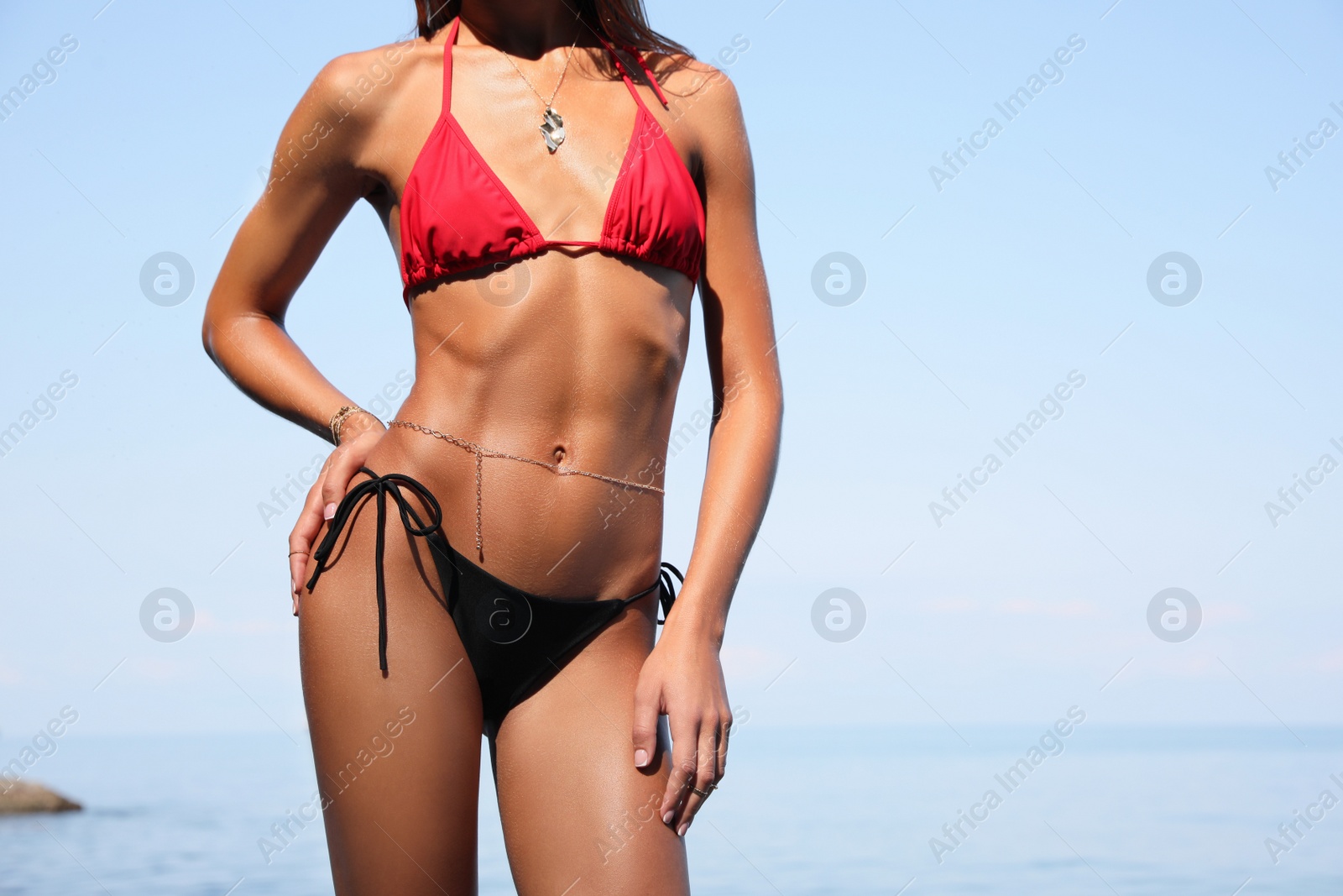 Photo of Sexy young woman in stylish bikini on seashore, closeup. Space for text