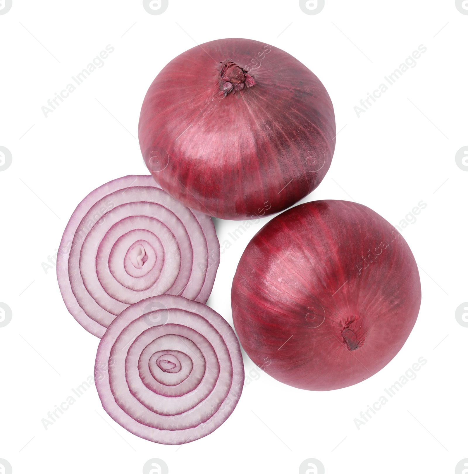 Photo of Ripe fresh red onions isolated on white, top view