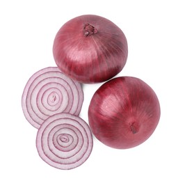 Ripe fresh red onions isolated on white, top view