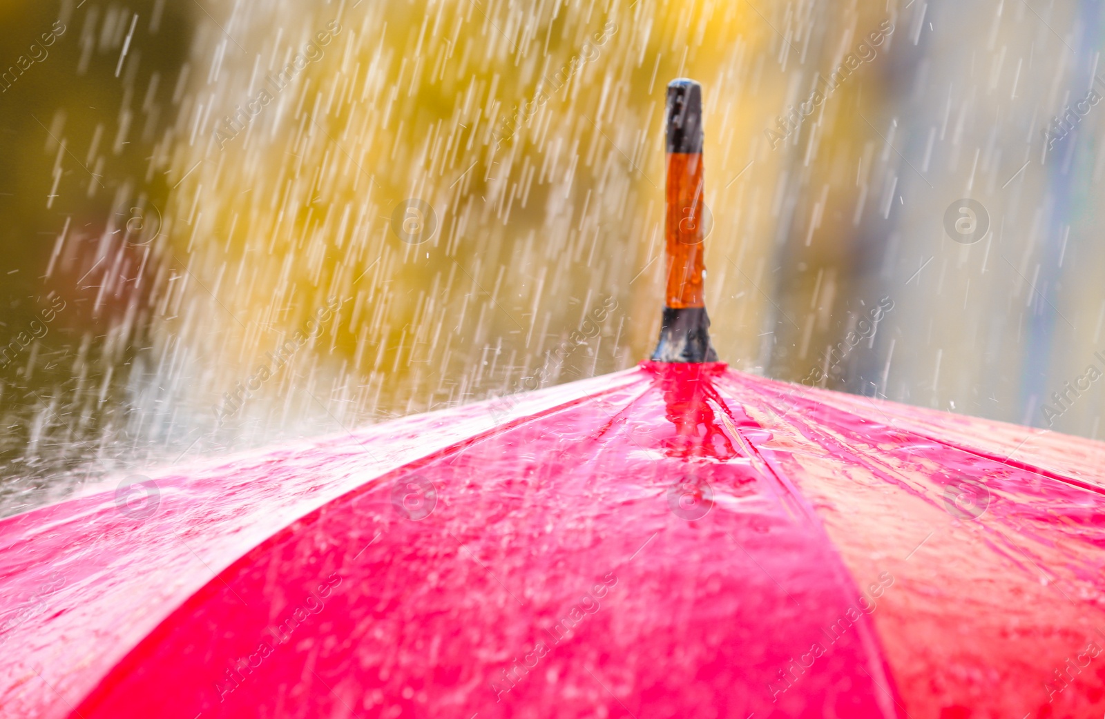 Photo of Bright color umbrella under rain outdoors, closeup