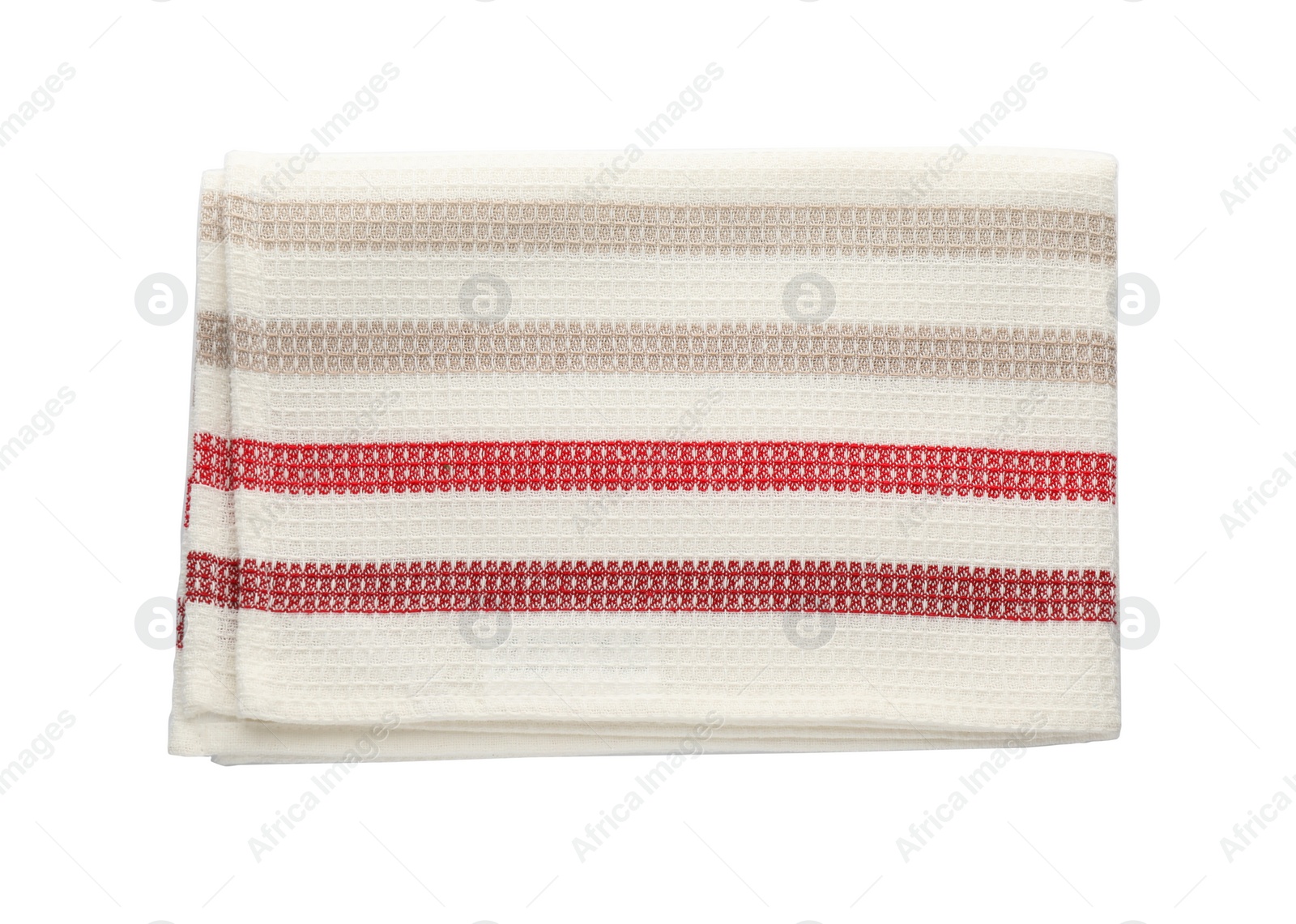 Photo of Striped kitchen towel isolated on white, top view