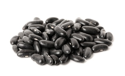 Photo of Pile of raw black beans on white background. Vegetable planting