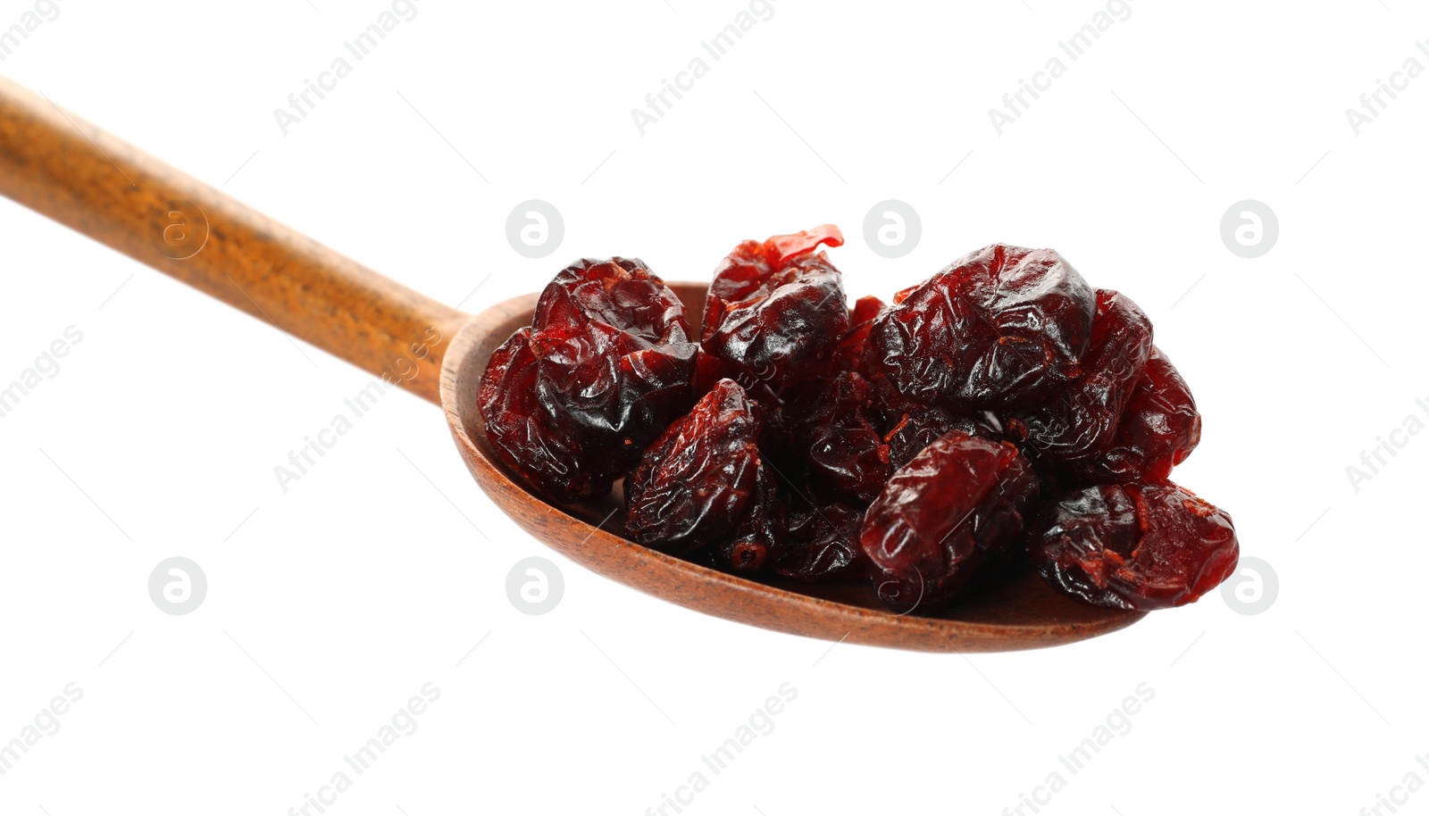 Photo of Dried cranberries in wooden spoon isolated on white