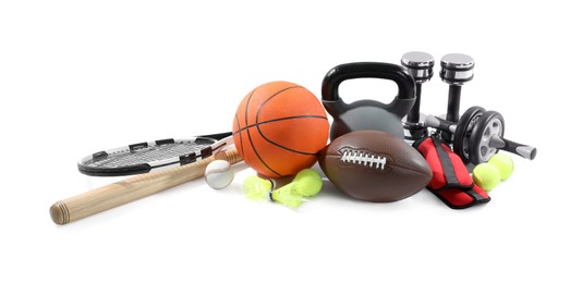 Photo of Set of different sports equipment on white background