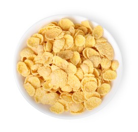 Photo of Breakfast cereal. Tasty corn flakes in bowl isolated on white, top view