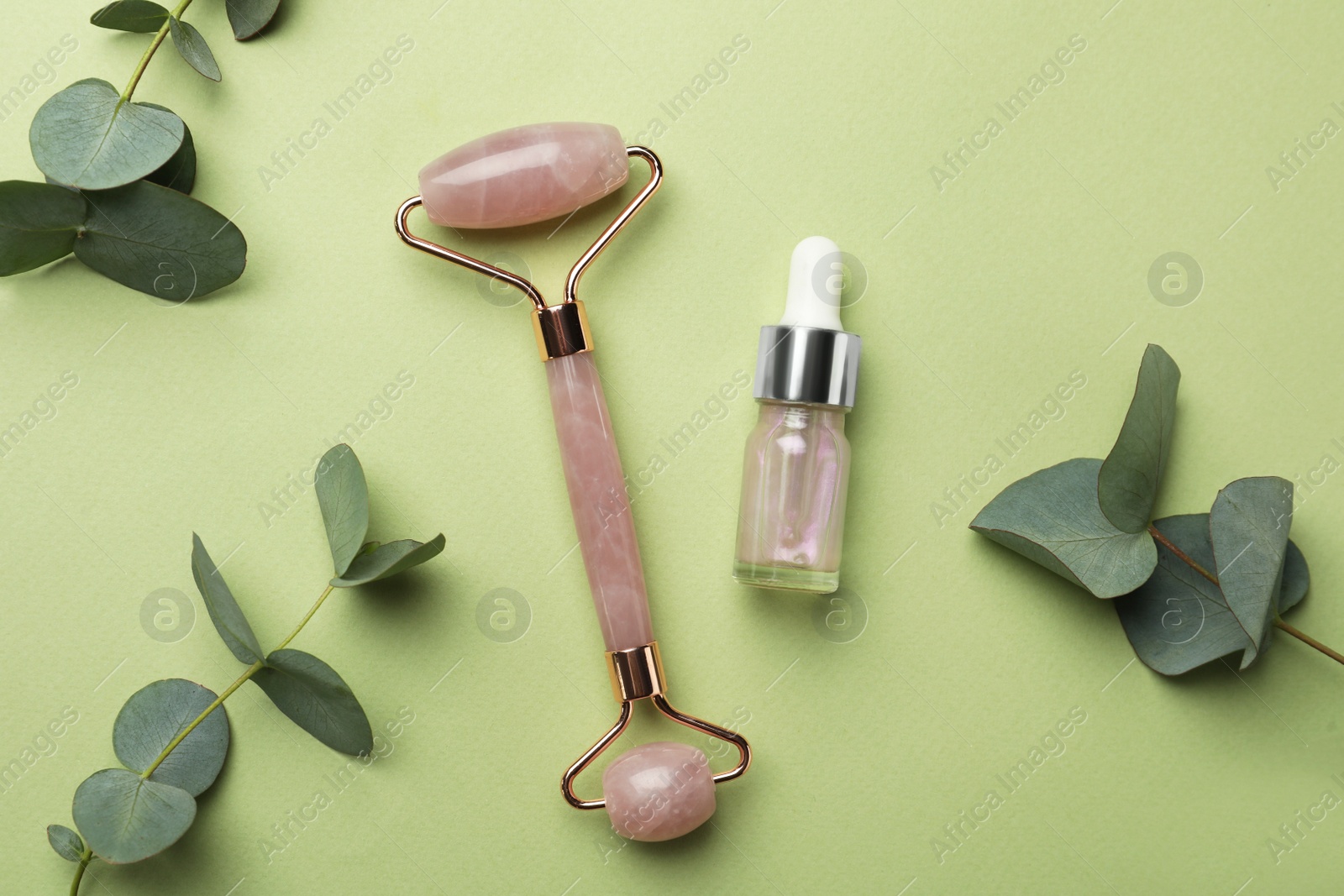 Photo of Natural face roller, cosmetic product and eucalyptus on green background, flat lay